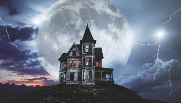 A spooky haunted house on a hill against a stormy night sky with a giant full moon and lightning.