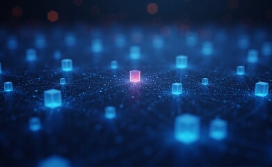A futuristic digital network composed of interconnected glowing blue cubes, featuring a single prominent red cube as a unique data element.