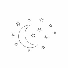 Simple black and white illustration of a crescent moon and surrounding stars.