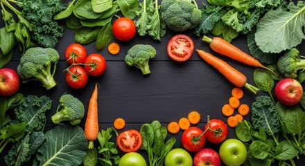 Fresh assortment of colorful vegetables and fruits arranged artistically on a dark background