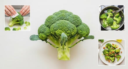 Fresh broccoli being cleaned, cooked, and served on a plate, showcasing healthy eating and meal preparation