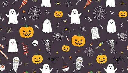 Halloween pattern with ghosts, pumpkins, and spiders
