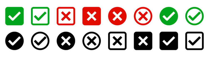 Obraz premium check mark icon button set. check box icon with right and wrong buttons and yes or no checkmark icons in green tick box and red cross. vector illustration