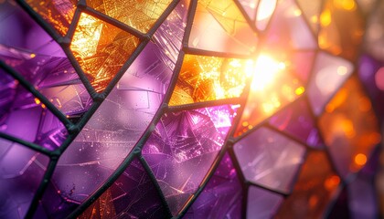 Close-up view of a stained glass mosaic, featuring vibrant purple and orange hues.