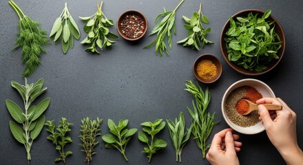 Fresh herbs and spices arranged artistically with hands preparing a seasoning blend in a kitchen
