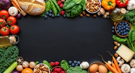 Fresh organic ingredients arranged on a dark surface, showcasing a variety of vegetables, fruits, and nuts