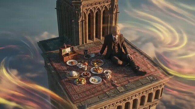 A whimsical scene of a person seated on a tower, enjoying a lavish picnic amidst swirling clouds