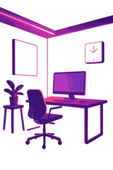 A sleek, futuristic workspace interior illuminated by vivid pink and purple neon lights