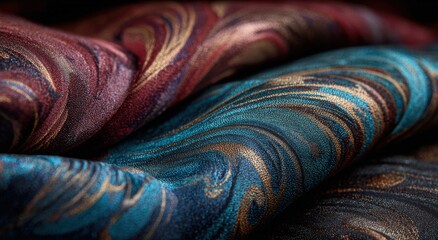Close-up of luxurious fabrics with swirling marble patterns