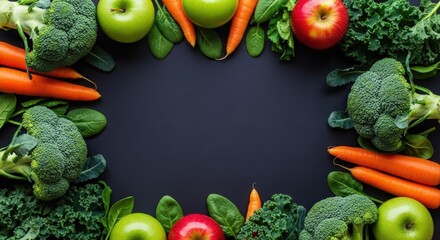 Fresh vegetables and fruits arranged in a vibrant frame on a dark background, ideal for healthy eating