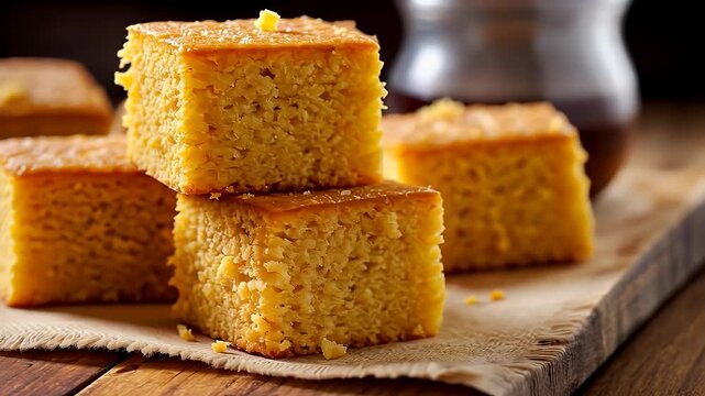 Stacked Yellow Cake Slices on a Wooden Board with a Blurred Background of a Brown Bottle and Wooden Table