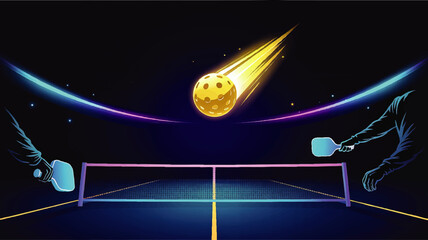 Futuristic Pickleball Match Illustration – Neon Colors, Dynamic Paddle Players, Glowing Court and Fast Flying Ball on Dark Background