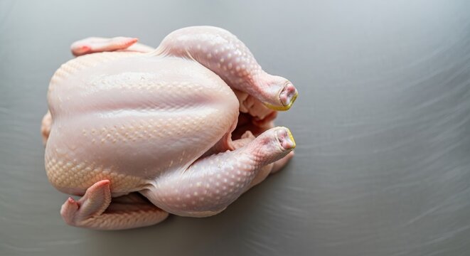 Fresh whole chicken on a stainless steel surface, ready for preparation in a kitchen setting - Powered by Adobe