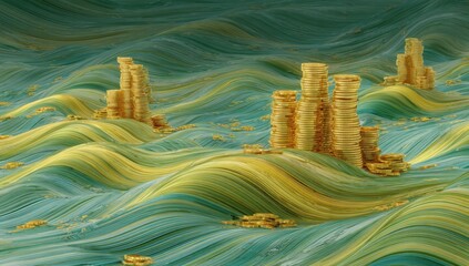 Golden stacks of coins on a teal wavy surface