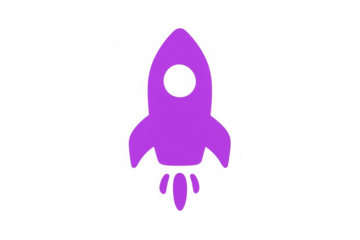 Purple rocket ship launching into space, simple icon with transparent background, perfect for startup and innovation concepts