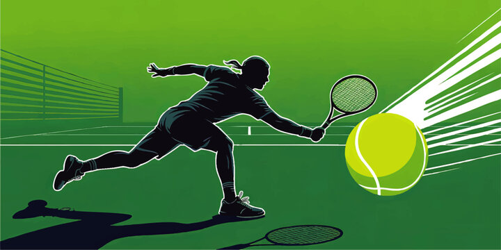 Dynamic Tennis Player Silhouette Hits Fast Tennis Ball on Green Court – Vector Illustration for Sports, Fitness, and Tournament Designs