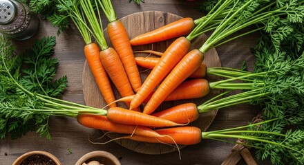 Freshly harvested carrots arranged on a wooden board with herbs and spices in a rustic kitchen setting