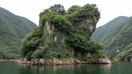 Lush island in a tranquil lake, surrounded by mountains