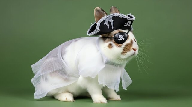 Rabbit dressed as a pirate with eye patch and hat