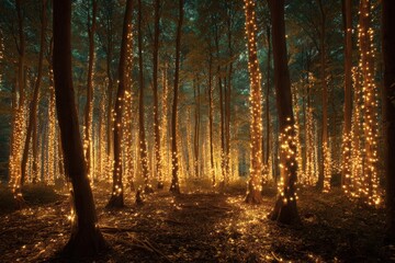 Obraz premium Enchanting forest path at night, illuminated with warm lights