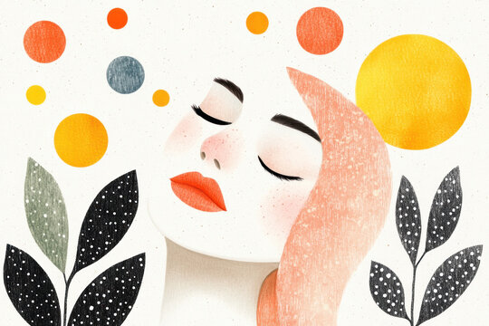 Abstract illustration of a serene woman's face with closed eyes, soft peach hair, vibrant lips, and decorative circles and leafy shapes blending in harmony.