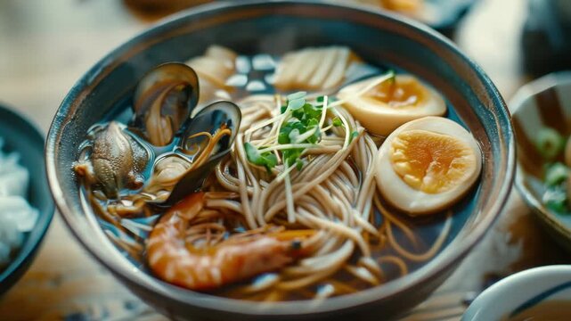A bowl of soba noodles with seafood and egg, served in a traditional Japanese style.