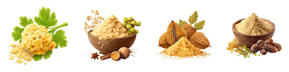 Assortment of Natural Spice Ingredients and Food Powders for Culinary Use isolated on transparent background.