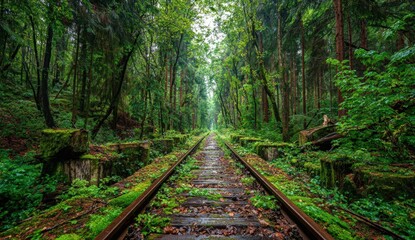 Lush overgrown railway track through a dense forest