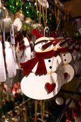 Snowman wooden ornament with red scarf and heart