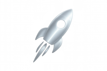 Silver metallic rocket flying upward, isolated on transparent background, ideal for startup and innovation concepts