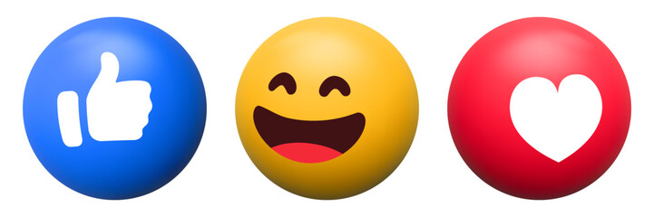 3d Like and love icon button. Thumbs up and heart flat icon in modern 3d buttons circle shapes , Social media notification icons. happy smile emoticon haha emoji post reaction. Vector illustration