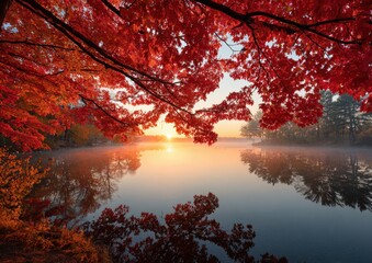 Autumn sunrise over a tranquil lake, framed by vibrant red foliage