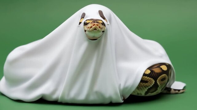 Snake in a ghost costume peeking from under a white sheet