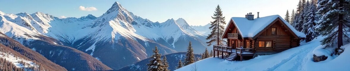 Fototapeta premium Cozy mountain chalet nestled amidst snow-capped peaks, offering stunning panoramic views and rustic charm Perfect for winter getaways and adventurous spirits , mountain, highlands