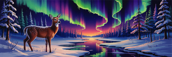 Majestic Deer in Snowy Forest with Vibrant Northern Lights Aurora Borealis Over Winter Landscape at Sunset, Digital Art Illustration