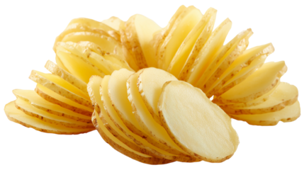 A pile of sliced potatoes on a white background
