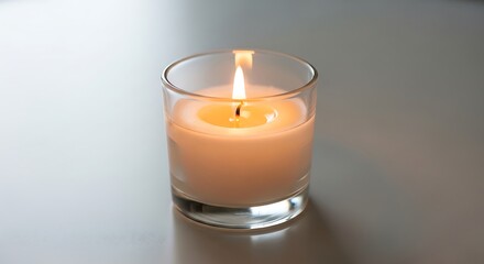Glowing Candle in Glass: A close-up shot of a lit candle enclosed in a clear glass, emitting a warm, inviting glow. The flame dances gently, casting soft shadows and enhancing a sense of serenity.