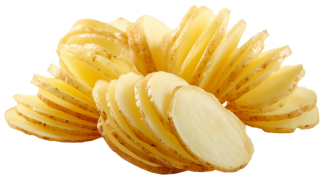 A pile of sliced potatoes on a white background
