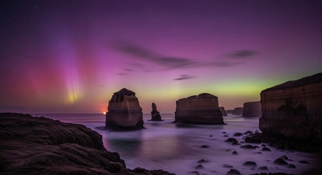 Majestic coastal landscape at dusk with vibrant auroras illuminating rocky formations by the sea