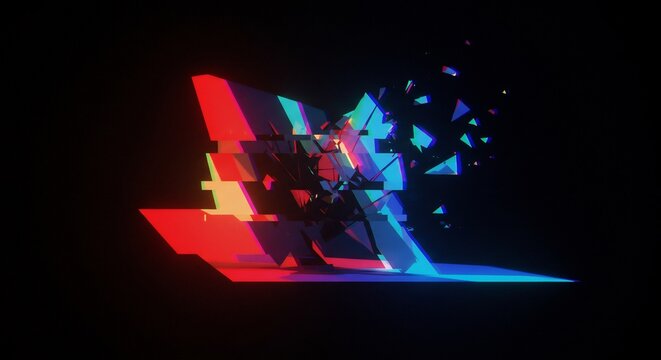 Vibrant geometric shapes shatter dramatically against a dark background illuminated by neon light. AI Generated - Powered by Adobe
