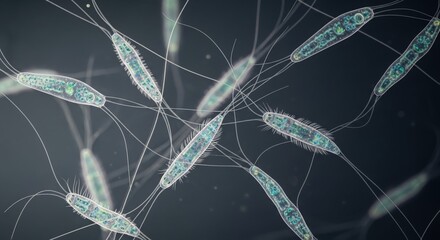 Microscopic view of shimmering microorganisms in a dark aquatic environment, showcasing their movement