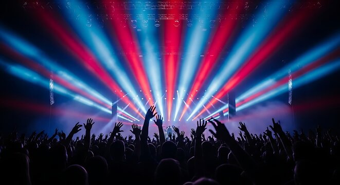 Enthralled Crowd: A sea of raised arms dances beneath a dynamic light show, their silhouettes a testament to the shared euphoria of the concert, immersing the audience into the energy