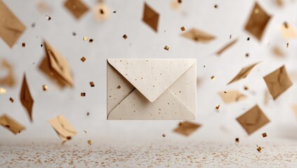 Floating envelopes with gold confetti