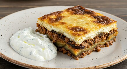 Greek Cuisine's Culinary Masterpiece: A flavorful slice of traditional Greek Moussaka, a culinary masterpiece, paired with a dollop of cooling tzatziki sauce.