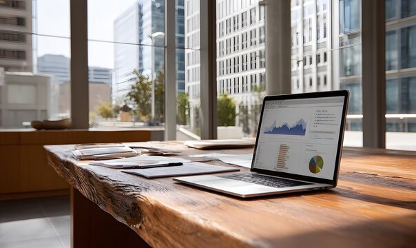 a modern office desk with an open laptop displaying graphs and data, set against the backdrop of buildings outside a large window, symbolizing business analytics in action. - Powered by Adobe