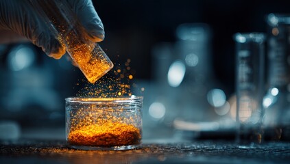 A scientist pours a glowing orange powder into a glass jar