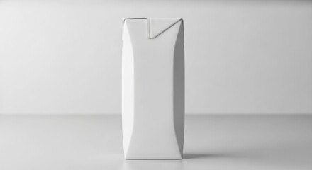 A white rectangular carton stands upright on a light surface against a blurred white background.