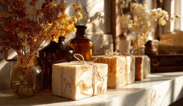 Sunlight on artisan soaps and flowers