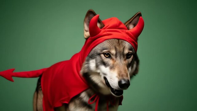 Wolf wearing a red devil costume against a green background