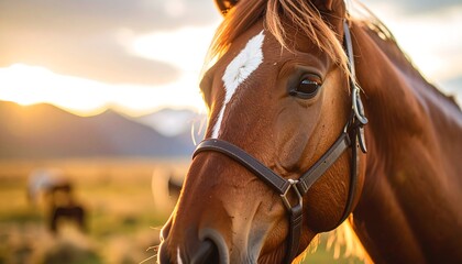 Obraz premium Close-up of horse's head at sunset